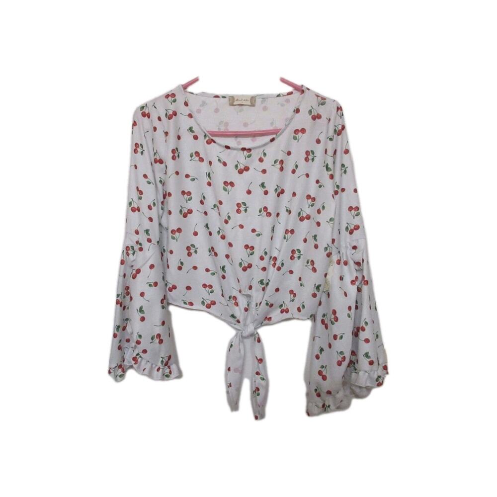 Altar’d State Cherry Top. Size Small. Bell Ruffled Sleeves Tie Waist New w/Tags